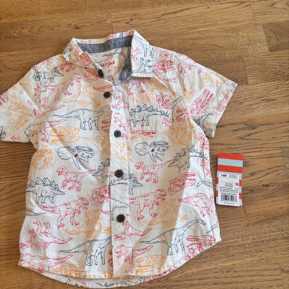 NWT Cat Jack Kids 18M Dinosaur‎ Print Short Sleeve Button Up  Red Blue Orange